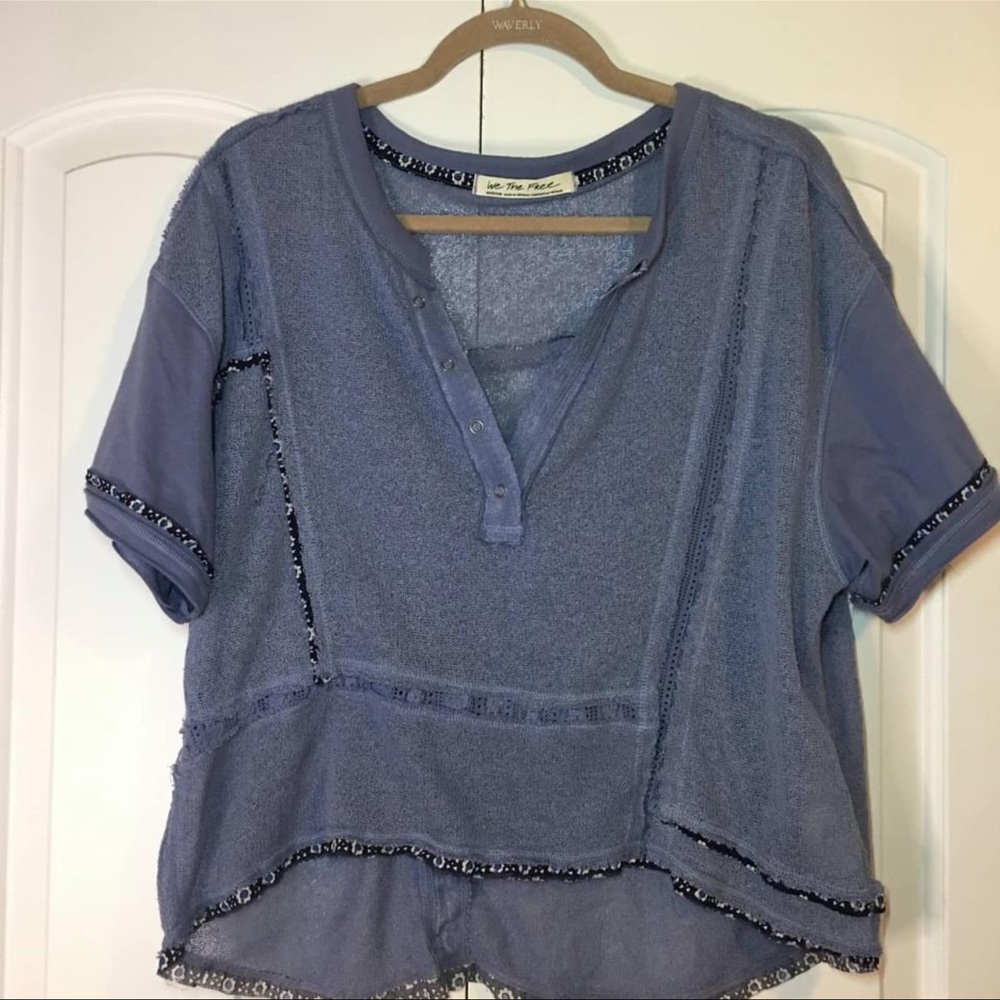 Free People Dusty Blue Mixed-Media Short Sleeve Top